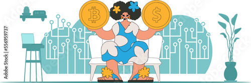 The girl is holding a coin of bitcoin and dollar. Cryptocurrency concept.