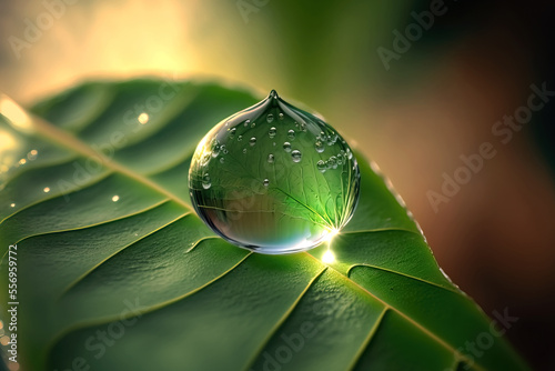 Close-up of a water drop on a green leaf.