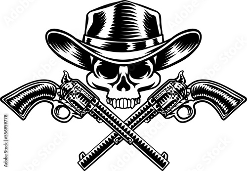 A cowboy grim reaper skull wearing a country or western style hat with pirate cross bones of guns or pistols old vintage revolvers