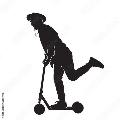 People rides on an kick scooter black silhouette vector image.