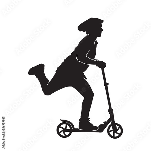 People rides on an kick scooter black silhouette vector image.