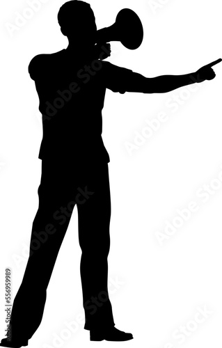 Protestor or demonstrator at a demonstration march, picket line or strike protest rally in silhouette. Using a megaphone, mega phone or bullhorn.