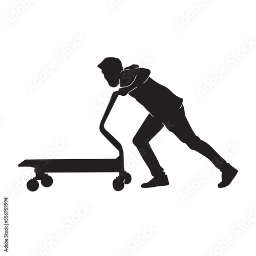 Silhouette of delivery man with trolley in isolate on a white background. Vector illustration.