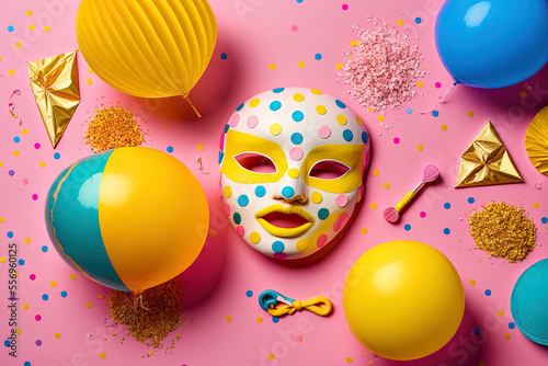 Aerial tabletop perspective of lovely, colorful carnival celebration decorations. Flat lay of accessory items, including a mask, confetti, and a pink balloon on contemporary yellow paper. Copy space