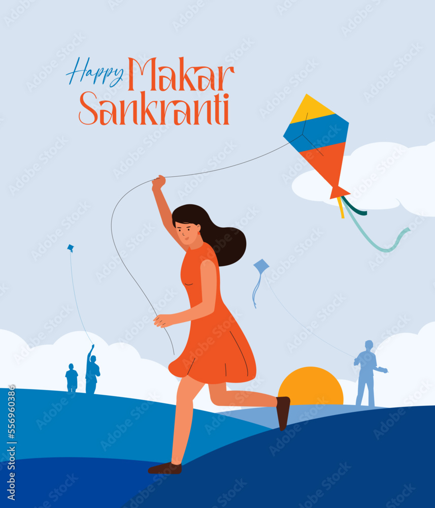 Indian girl flying kite with nature background for happy Makar Sankranti Indian festival. Editable flat vector art. Indian girl flying kite with nature background for happy Makar Sankranti Indian festival. Editable flat vector art.