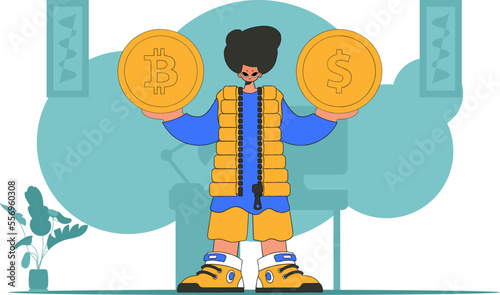 A man holds a dollar and a bitcoin in his hands. Cryptocurrency and fiat exchange concept.