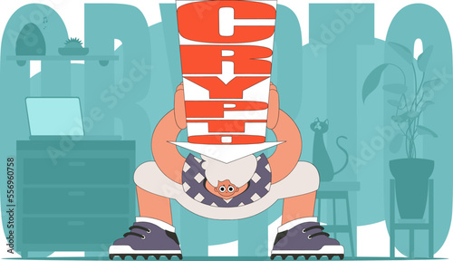 A man holds a falling cryptocurrency. funny character. Cryptocurrency theme.