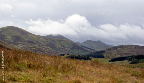 Cloudy view of the Pentland Hills in Scotland. Nature on a cold day