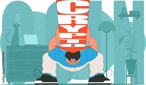 A man holds a falling cryptocurrency. funny character. Cryptocurrency and fiat exchange theme.