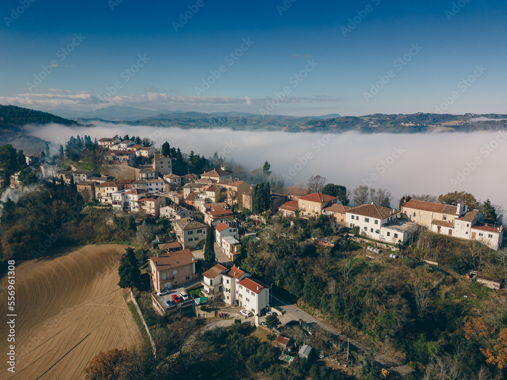 Italy, December 2022: aerial view of the beautiful medieval village of Colbordolo in the province of Pesaro in the Marche region