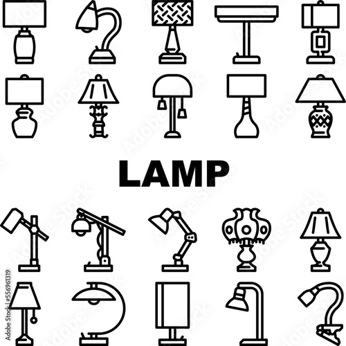 lamp table light home desk icons set vector. interior modern, office furniture, design electric, bulb illumination, object lamp table light home desk black contour illustrations