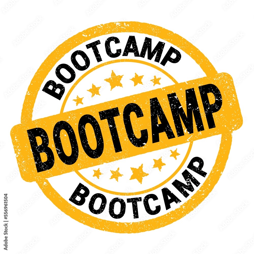 BOOTCAMP text written on yellow-black round stamp sign.