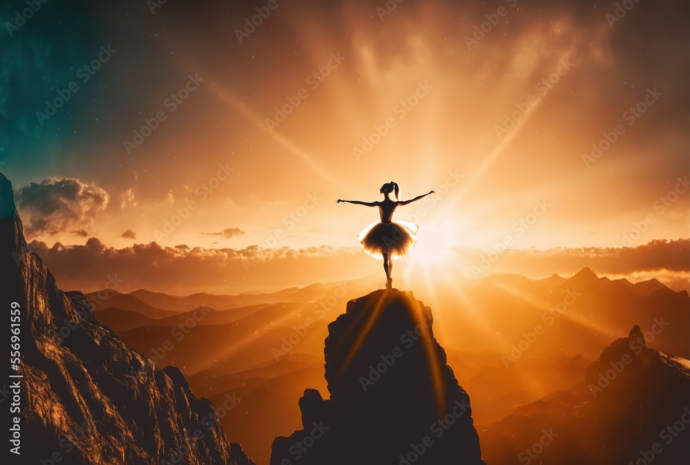 Freedom copncept, graceful  ballerina dancing on mountain top, Generative AI illustration