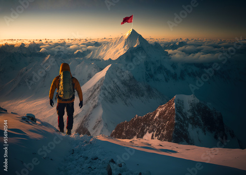 Setting goals in life concept, Mountain climber heading towards flag on top of mountain, Generative AI illustration
