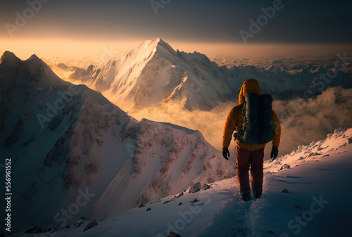 Setting goals in life concept, Mountain climber heading towards top of mountain, Generative AI illustration photo