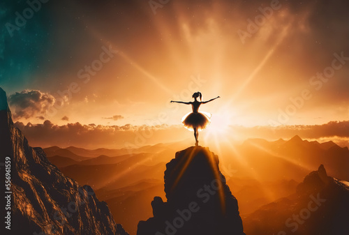 Freedom copncept  graceful  ballerina dancing on mountain top  Generative AI illustration