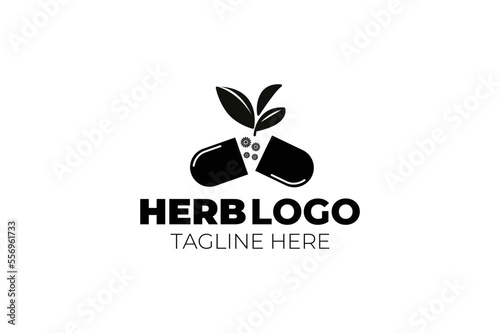 A vector illustration of a logo featuring a capsule pill with a leaf design, representing herbal medicine.