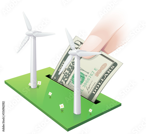 Field of white 3D wind turbines on a piece of grassland in which a 20 dollar bill is deposited like a piggy bank (cut out)