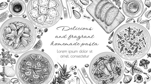 Vector set of 5 different pastes. Tagliatelle with salmon and broccoli, farfalle with shrimps and asparagus, spaghetti with tomatoes, basil and olives, fettuccine with mussels, ravioli