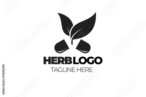 A vector illustration of a logo featuring a capsule pill with a leaf design  representing herbal medicine.