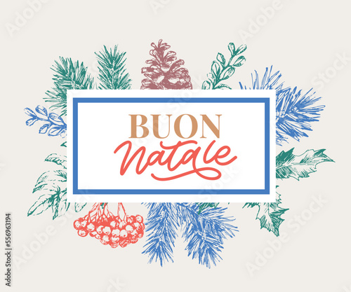Christmas,Buon Natale greeting card.Handwriting lettering in italian.Holiday lettering.New year template.Vintage vector,typography design.