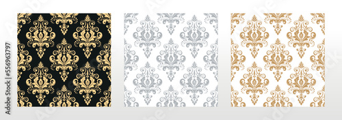 Wallpapers in the style of Baroque. Seamless vector backgrounds. Set of colored floral ornaments. Graphic patterns for fabric, wallpaper, packaging. Ornate Damask flower ornaments