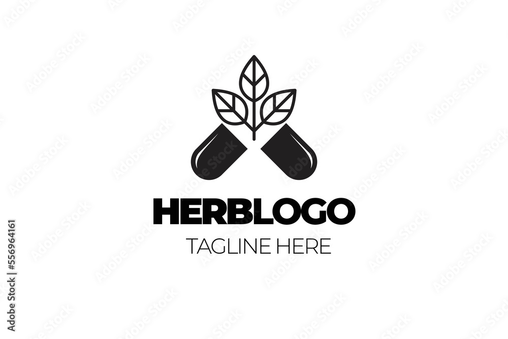 A vector illustration of a logo featuring a capsule pill with a leaf design, representing herbal medicine.