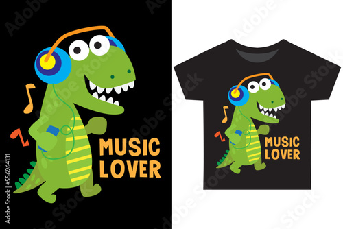 Funny dinosaur with headphone listening music hand drawn cartoon illustration for kids t shirt design