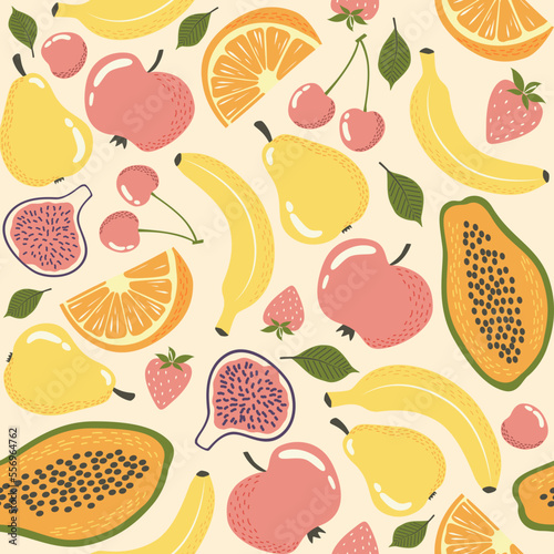 Fototapeta Naklejka Na Ścianę i Meble -  Vector fruit seamless pattern on a light background in a flat style. Ideal for printing on fabric, wrapping paper, wallpaper, etc.