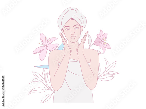 Woman at home with a towel on her doing makeup organic cosmetic, with leaves and flower, Beauty body care concept. Vector design illustration.