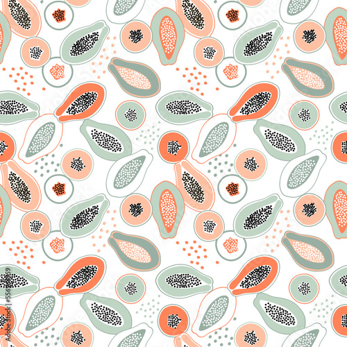 Vector papaya seamless pattern. Fruity citrus pattern on a white background in a flat style. Ideal for printing on fabric, wrapping paper, wallpaper, etc.