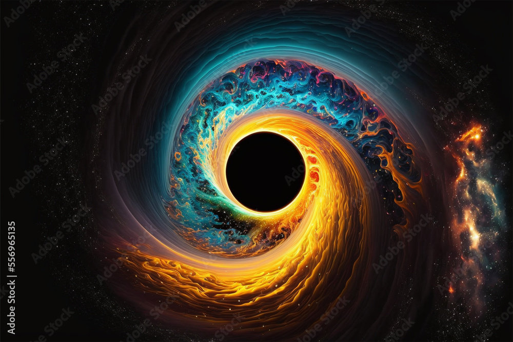 A black hole with a glowing constellation of various colors revolves around a black hole in the universe A black hole with a glowing constellation of various colors revolves around a black hole in the universe