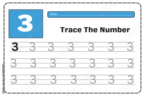 Number 3 tracing practice worksheet with Worksheet for learning numbers. Number training writes and counts numbers. Exercises handwriting practice