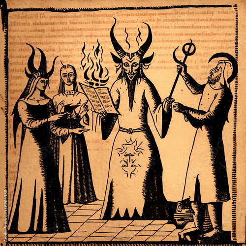 Photo satanic ritual of sorcery and demon summon in antique medieval manuscript paper