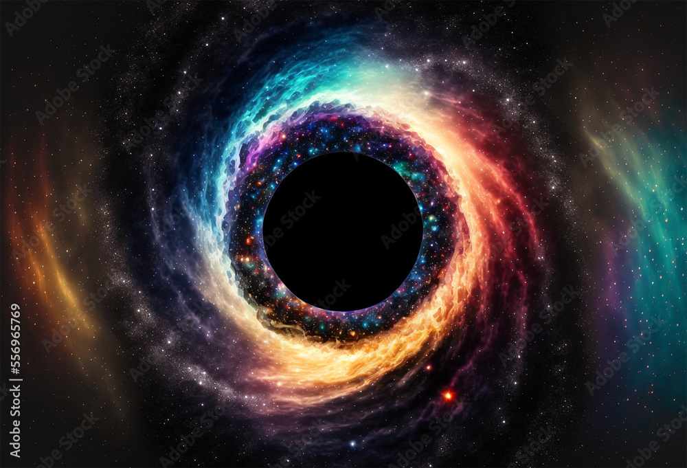 A black hole with a glowing constellation of various colors revolves around a black hole in the universe A black hole with a glowing constellation of various colors revolves around a black hole in the universe