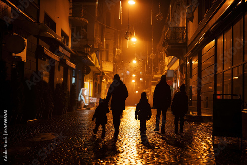 Back of silhouettes family walking in night city.