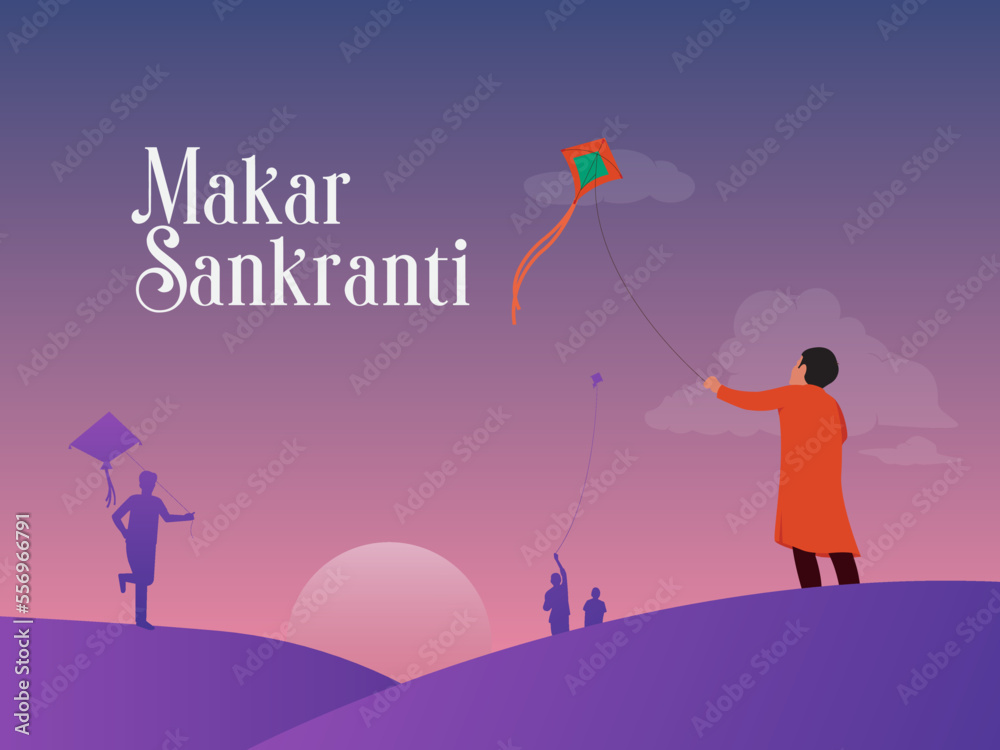 Happy Makar Sankranti Indian festival wishing editable design. Indian kid flying kite from back side. Happy Makar Sankranti Indian festival wishing editable design. Indian kid flying kite from back side.