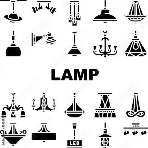 lamp ceiling light interior home icons set vector. room bulb, decor chandelier, wall electric, bright decoration, metal style lamp ceiling light interior home glyph pictogram Illustrations