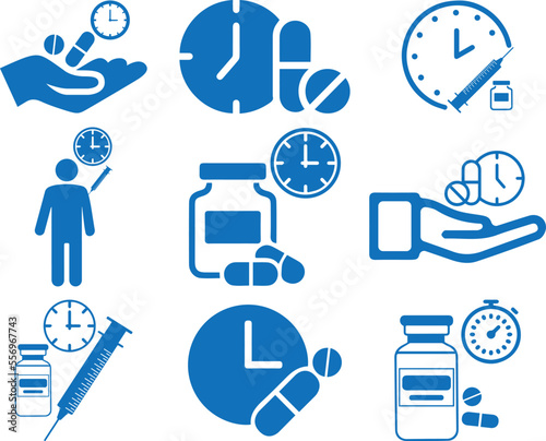Time taking dose medication icon set, pharmacist icon set black vector