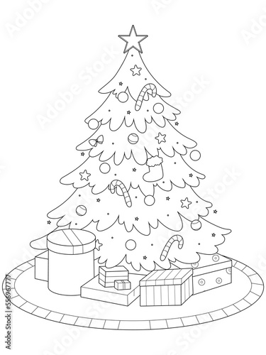 Christmas tree, decorated with toys, toys under the tree. Isolated object, vector illustration.