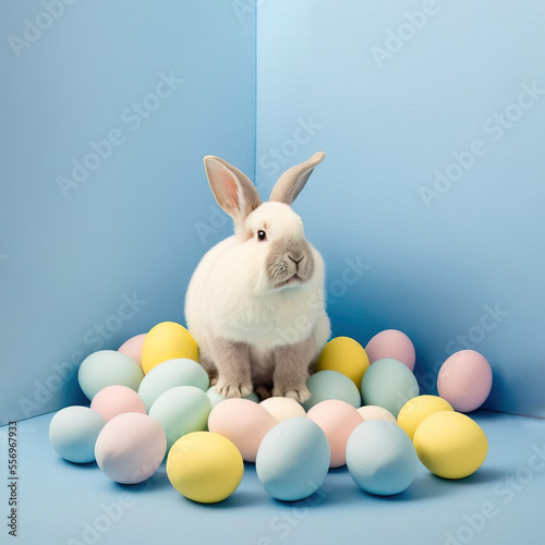 Easter pastel creative concept. Little cute bunny during holidays surrounded with painted colorful colored eggs. Small animal rabbit. Illustration. Generative AI.