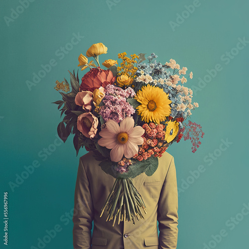 Vászonkép Abstract retro portrait of a man who instead of a face has a huge bouquet of fresh flowers that he wants to give to his woman