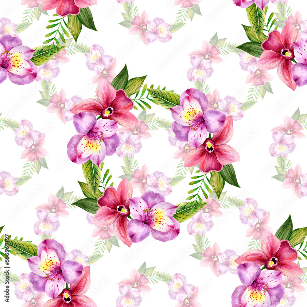 Watercolor wreaths of flowers and leaves in a seamless pattern. Can be used as fabric, wallpaper, wrap.
