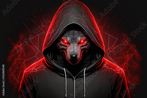 Fotografie, Obraz Wolf with a red hoodie savage appearance half wolf, half man image wearing a tracksuit with glowing eyes