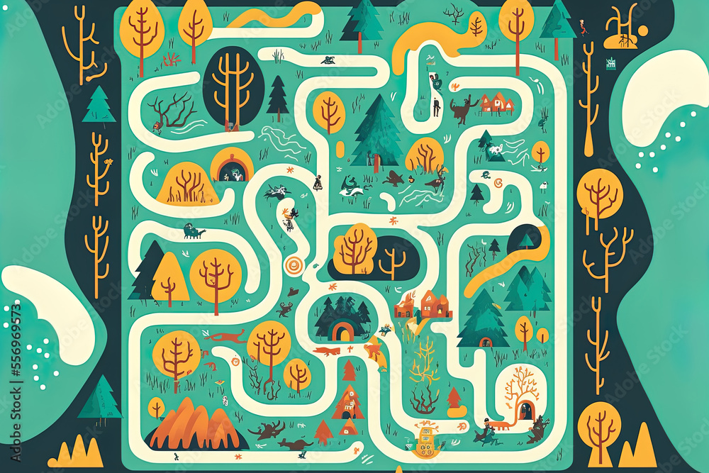 Kids' labyrinth game featuring adorable wildlife from the outdoors. path filled kiddie labyrinth puzzle. logical pursuit of children's amusement and education. Map with highways in a colored flat vect