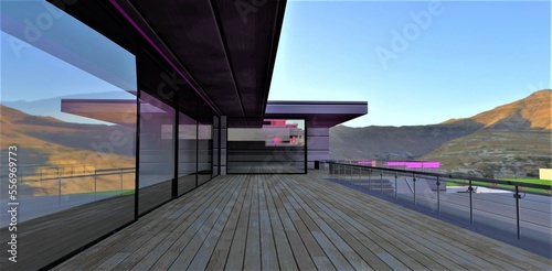 Shady wooden terrace of the private touristic estate constructed in the mountains. 3d rendering.