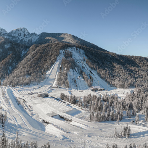 Obraz na plátně Ski Jump in Planica near Kranjska Gora Slovenia covered in snow at winter time