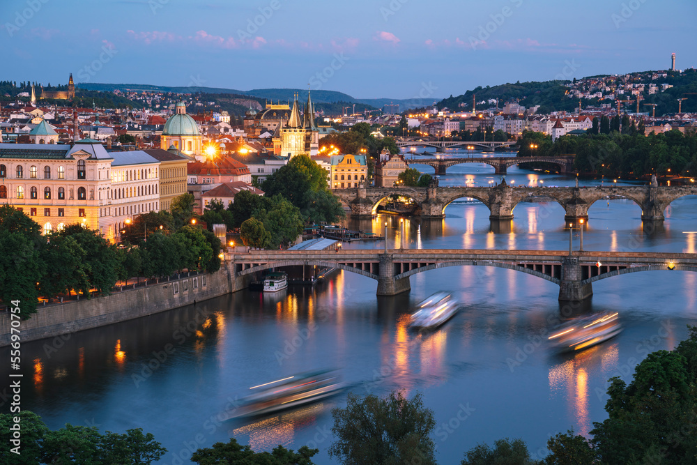 Aerial view of bridges in Prague  during sunset, Czech Republic