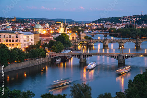Aerial view of bridges in Prague during sunset, Czech Republic