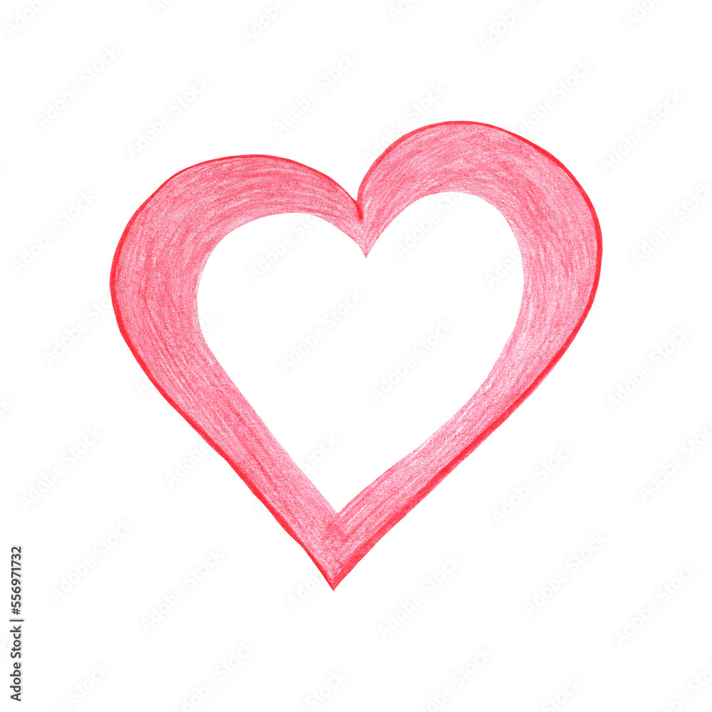 Red Heart Drawn by Colored Pencil. The Sign of World Heart Day. Symbol of Valentines Day. Heart Shape Isolated on White Background. Red Heart Drawn by Colored Pencil. The Sign of World Heart Day. Symbol of Valentines Day. Heart Shape Isolated on White Background.